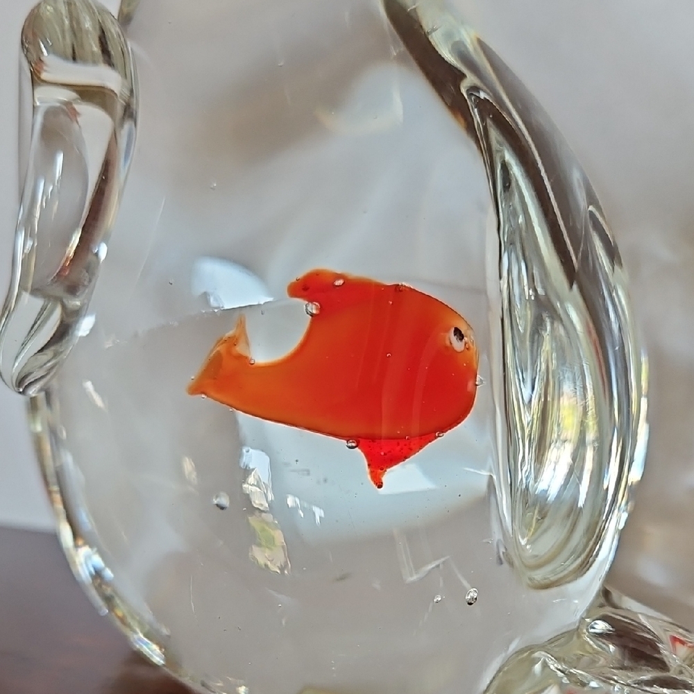 Whimsical Handblown Cat Sculpture Figurine with Orange Fish in Belly - Picture 2 of 5
